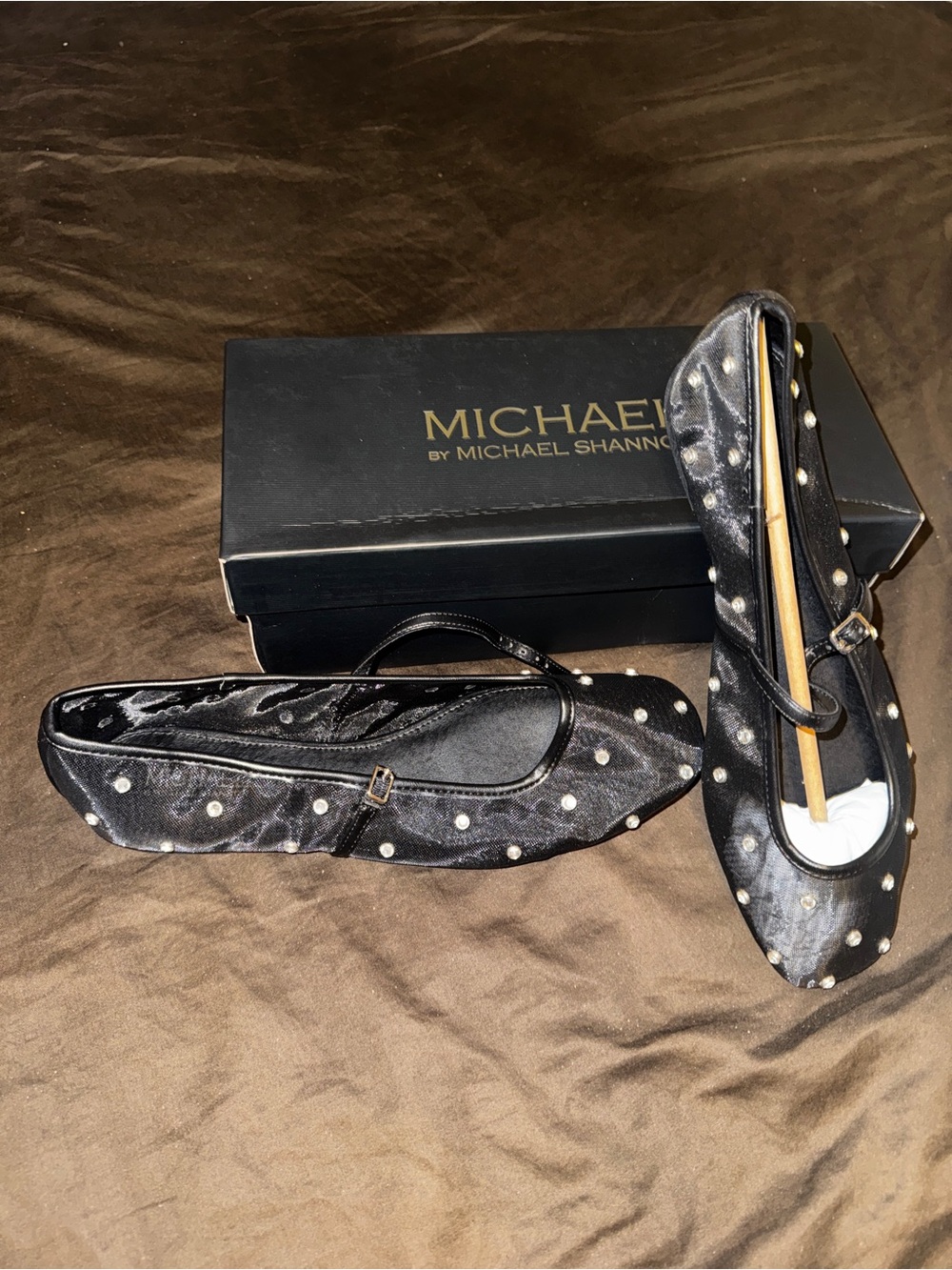 Michael Shannon Black Pearl-Stud Satin Ballet Flats
